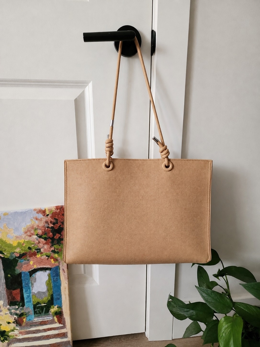 Soft Beige PU Leather Tote Bag with Removable Zip Pouch